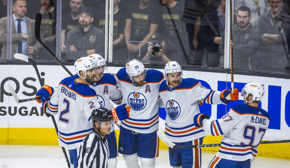 The Edmonton Oilers celebrate a goal against the Golden Knights during the first period in Game ...