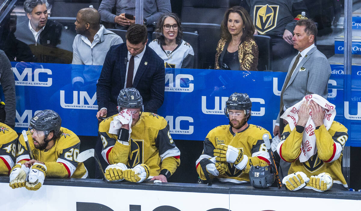 Golden Knights players and coaches are a bit dejected as the Edmonton Oilers continue to domina ...