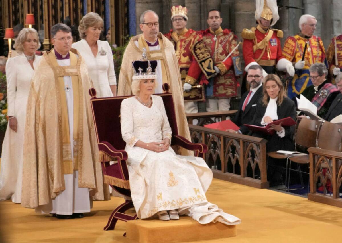 Queen Camilla is crowned with Queen Mary's Crown during her coronation ceremony at Westminster ...