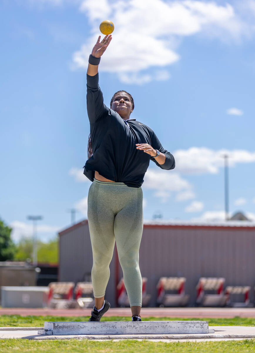 UNLV shot putter Rosa Santana throwing at Myron Partridge Stadium on Friday, May 5, 2023, in La ...