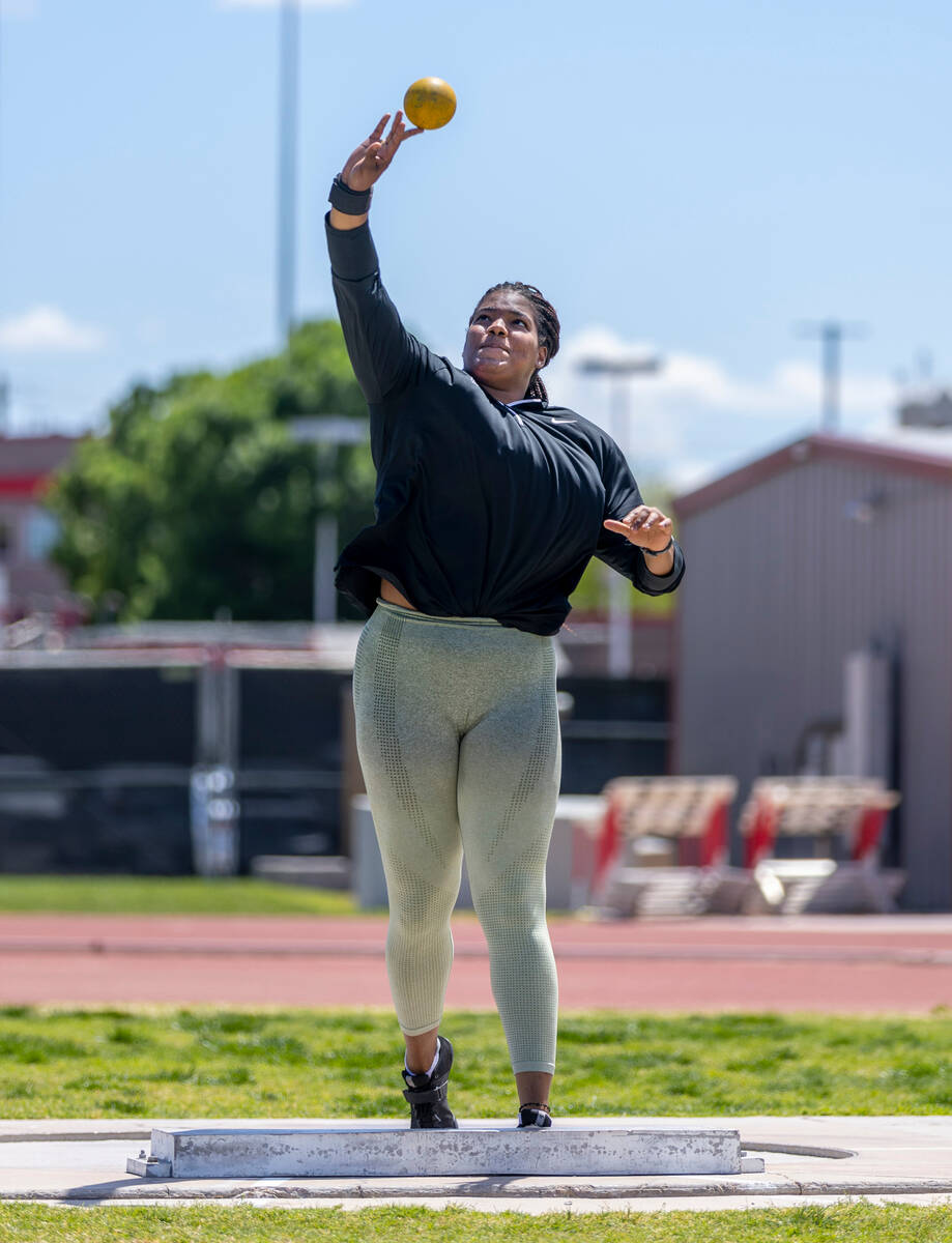 UNLV shot putter Rosa Santana throwing at Myron Partridge Stadium on Friday, May 5, 2023, in La ...