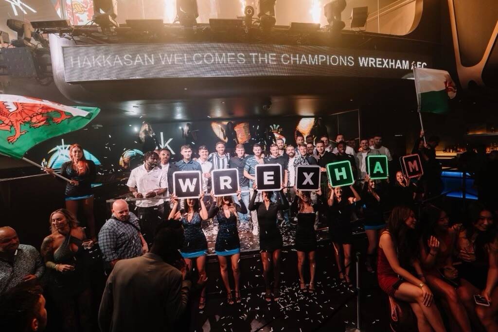 Members of the Wrexham soccer team are shown at Hakkasan Nightclub, celebrating their promotion ...