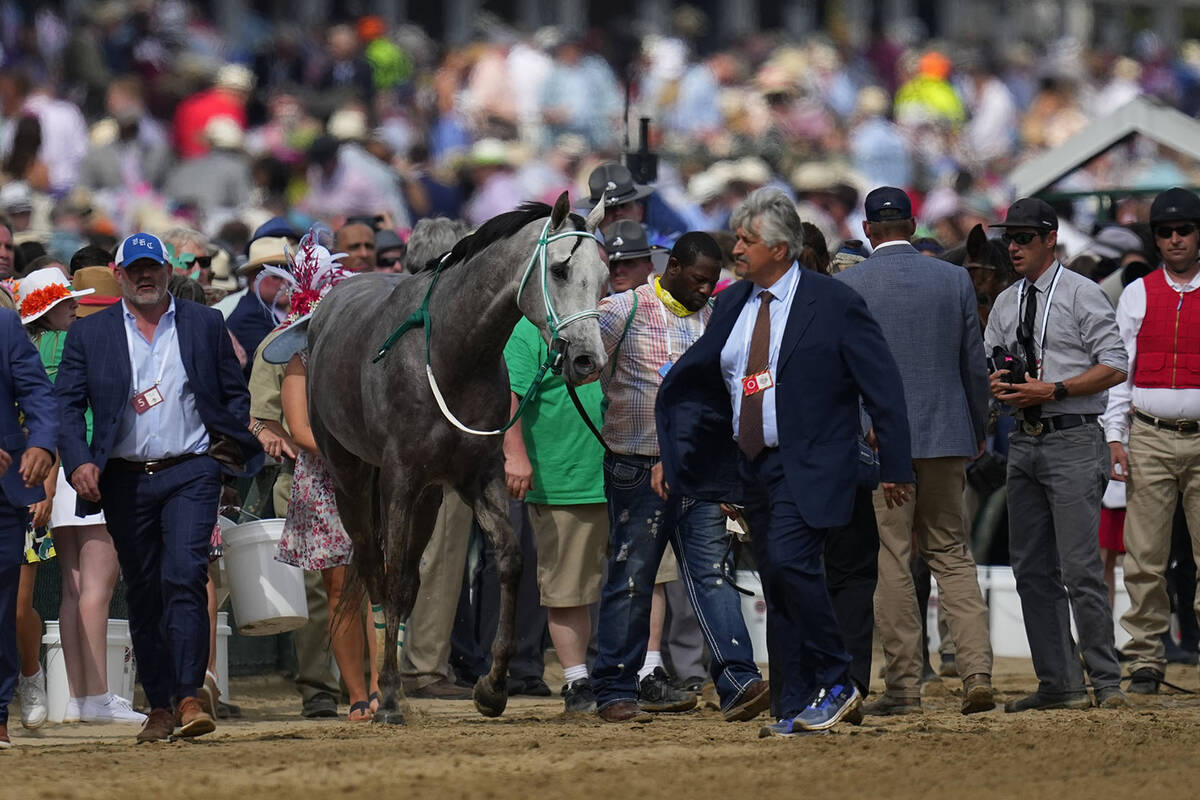 Here Mi Song is taken to the equine ambulance after the10th horse race at Churchill Downs Satur ...