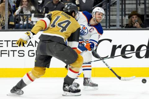Edmonton Oilers center Connor McDavid (97) shoots but doesn’t score against Golden Knigh ...