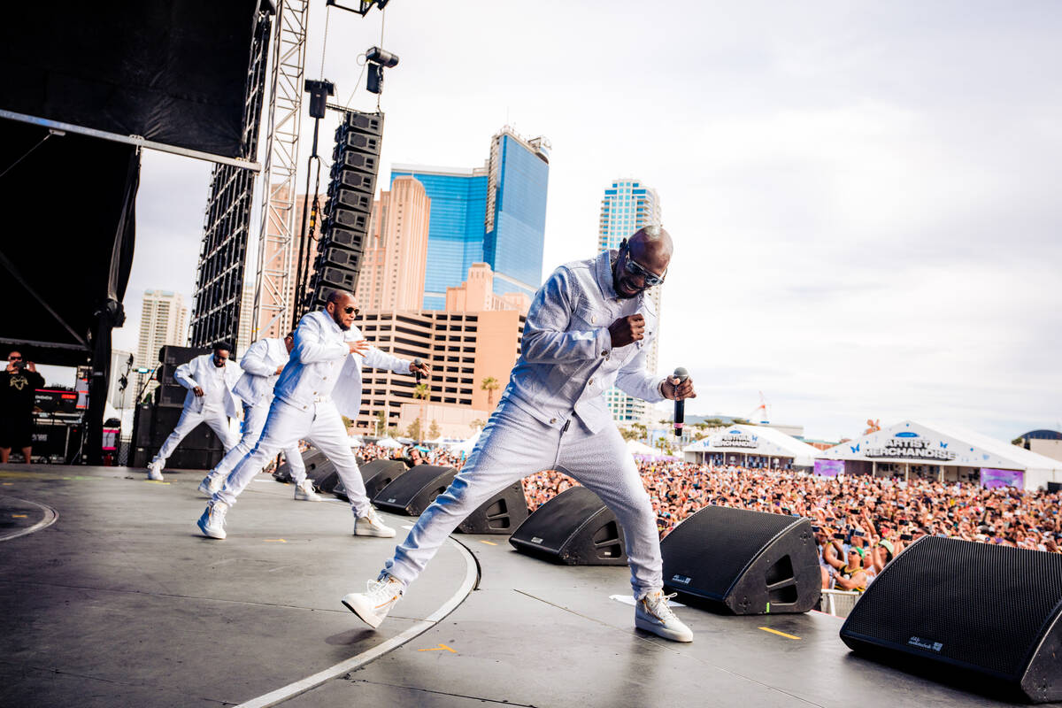 Boyz II Men are shown at the Lovers & Friends music festival at the Las Vegas Festival Grounds ...