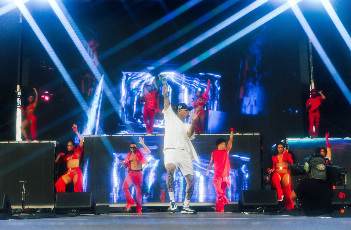Chris Brown is shown at the Lovers & Friends music festival at the Las Vegas Festival Grounds o ...