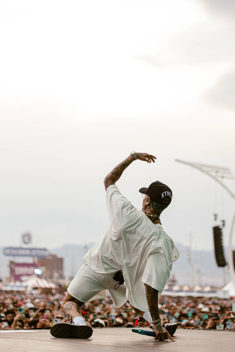 Chris Brown is shown at the Lovers & Friends music festival at the Las Vegas Festival Grounds o ...