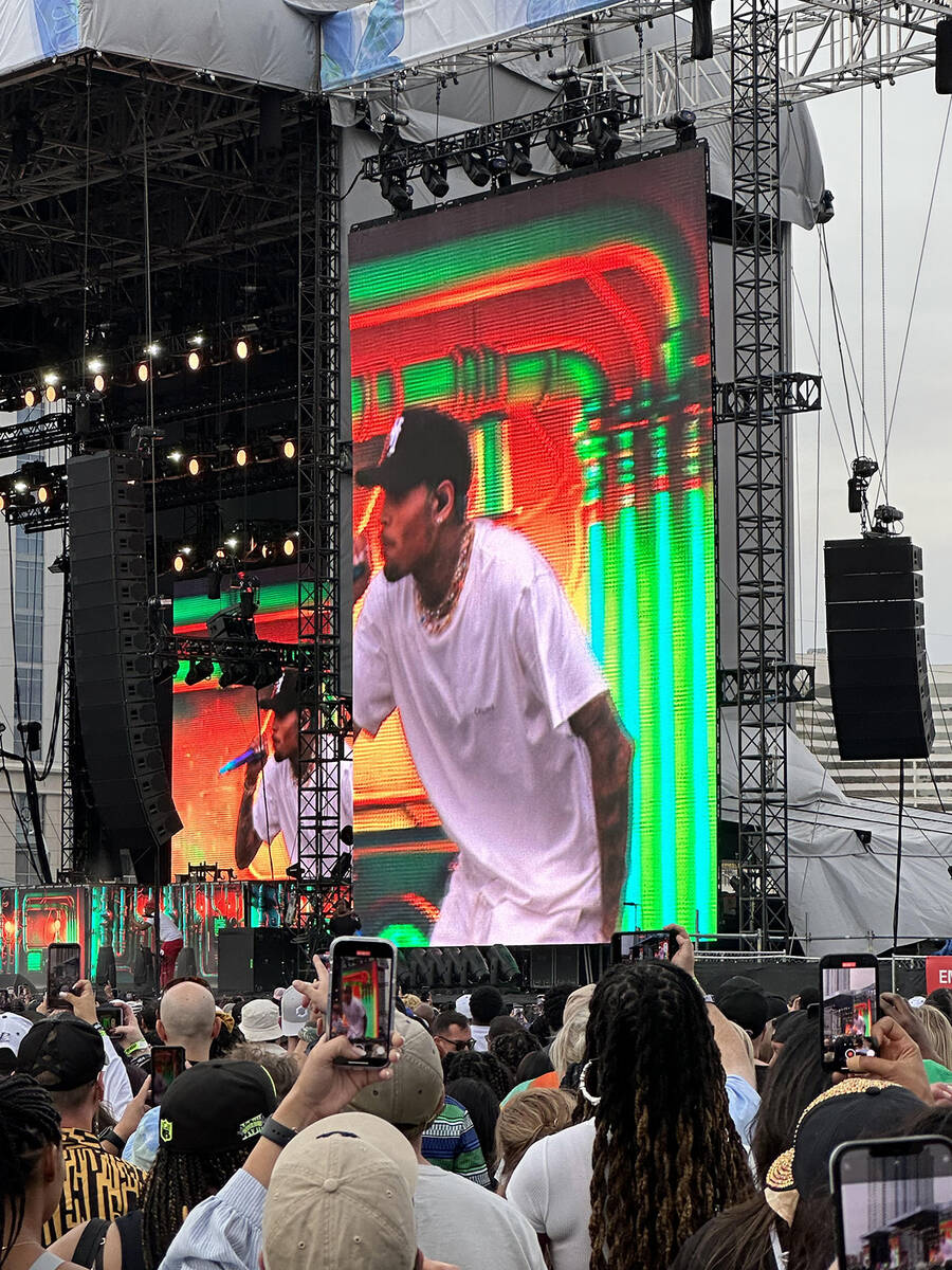 Chris Brown performs at the Lovers & Friends music festival at Las Vegas Festival Grounds on Sa ...