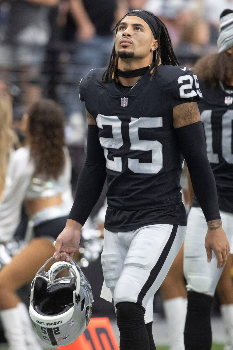 Raiders safety Tre'von Moehrig (25) heads to the locker room at the end of the first half of an ...