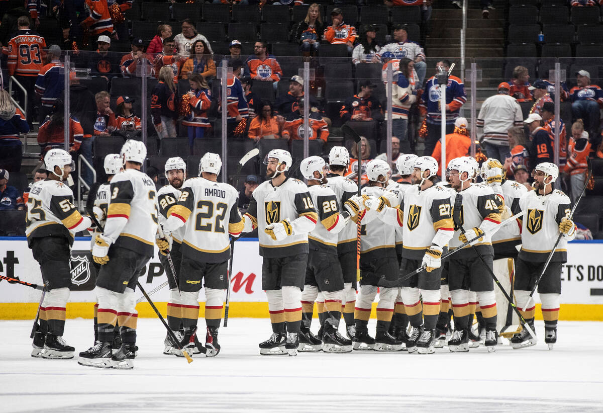 Vegas Golden Knights celebrate after their win over the Edmonton Oilers in NHL Stanley Cup seco ...