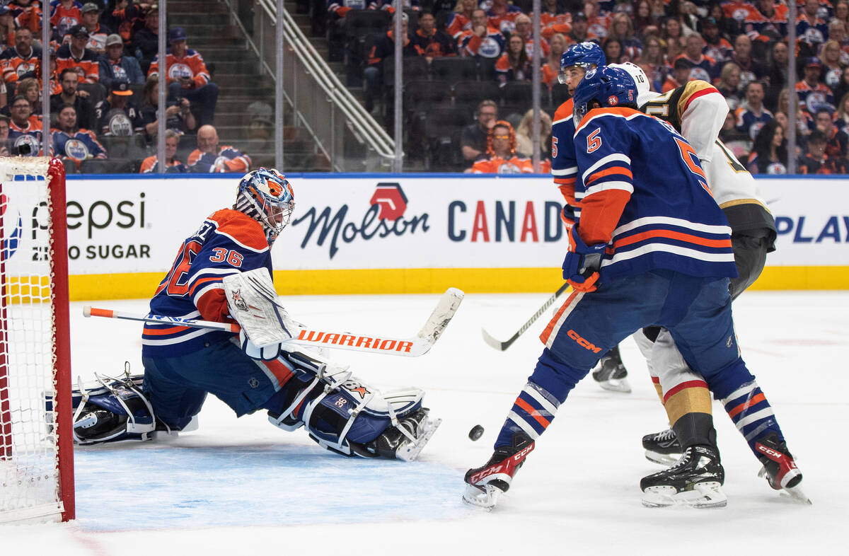 Edmonton Oilers goalie Jack Campbell (36) makes a save against the Vegas Golden Knights during ...