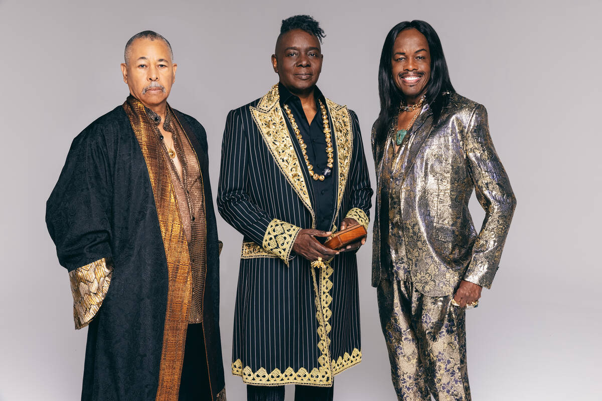Ralph Johnson, Philip Bailey and Verdine White of Earth Wind & Fire are shown in an undated, ye ...
