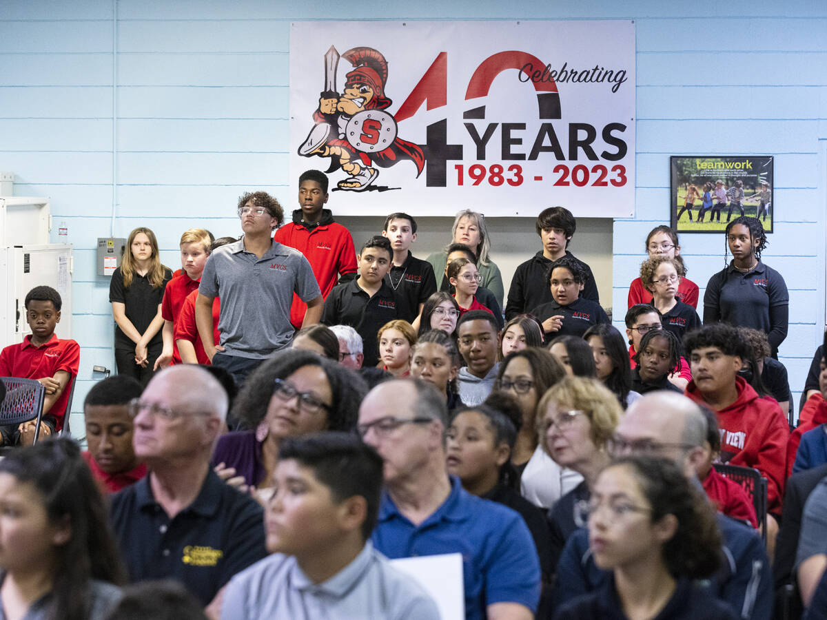 Students at Mountain View Christian School and their parents listen as Gov. Joe Lombardo speaks ...