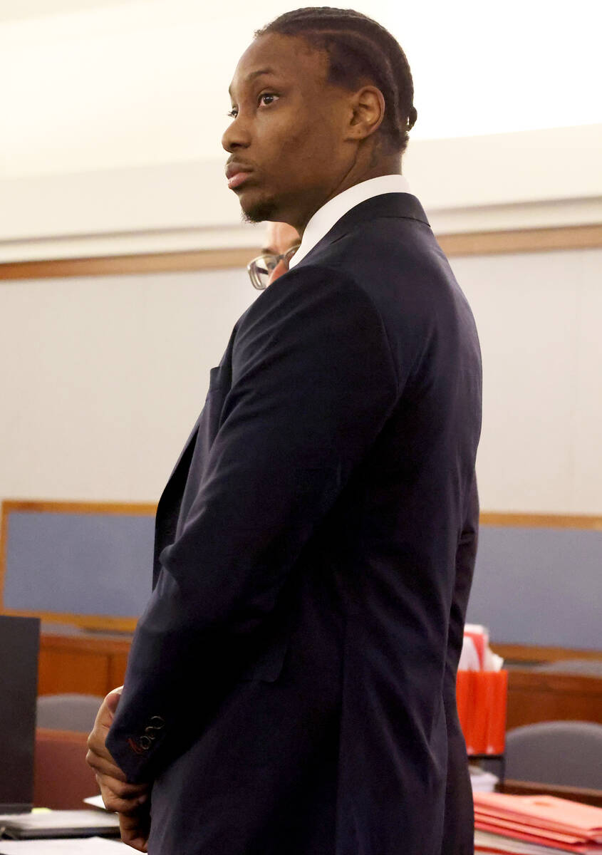 Henry Ruggs appears in court for a hearing at the Regional Justice Center in Las Vegas Tuesday, ...