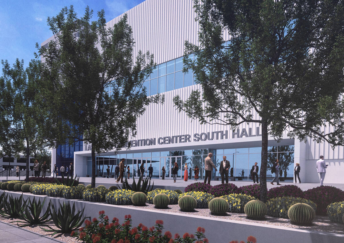 A rendering for a $600 million renovation at the Las Vegas Convention Center is displayed durin ...
