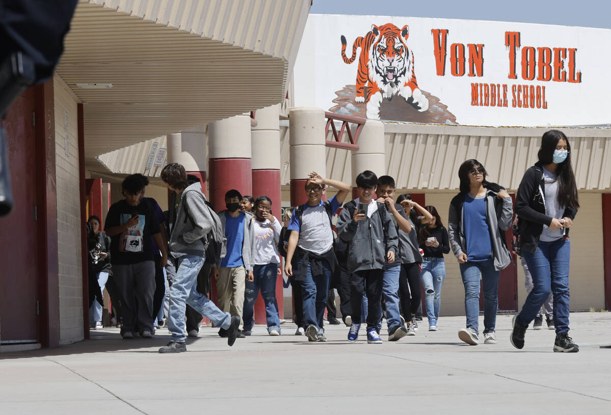 Students come out from Ed Von Tobel Middle School, Monday, May 8, 2023, in Las Vegas, after the ...