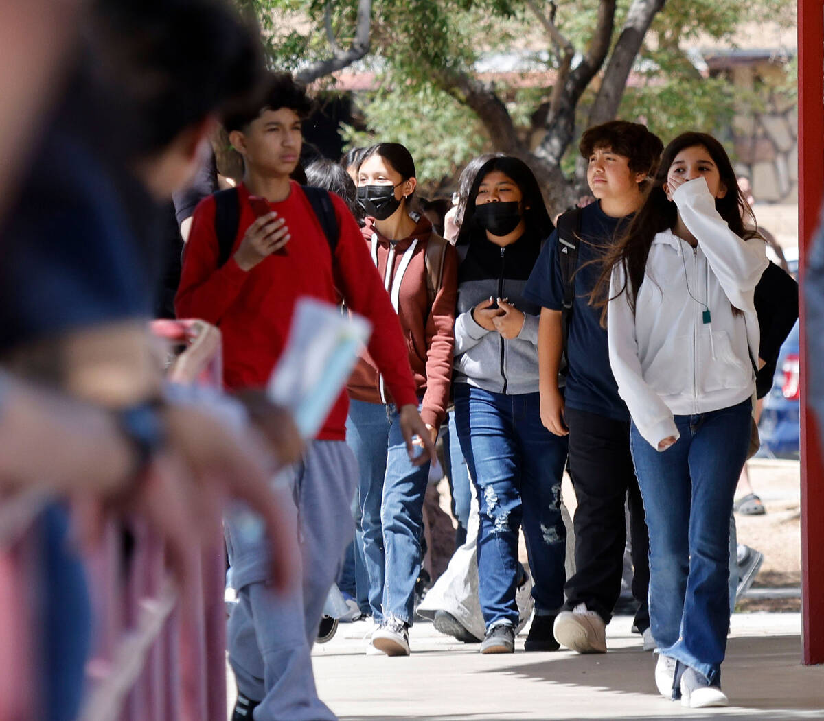 Students come out from Ed Von Tobel Middle School, Monday, May 8, 2023, in Las Vegas, after the ...