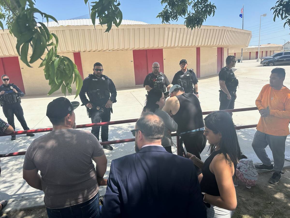 Police respond to a shooting outside of Ed Von Tobel Middle School Monday, May 8, 2023, in Las ...