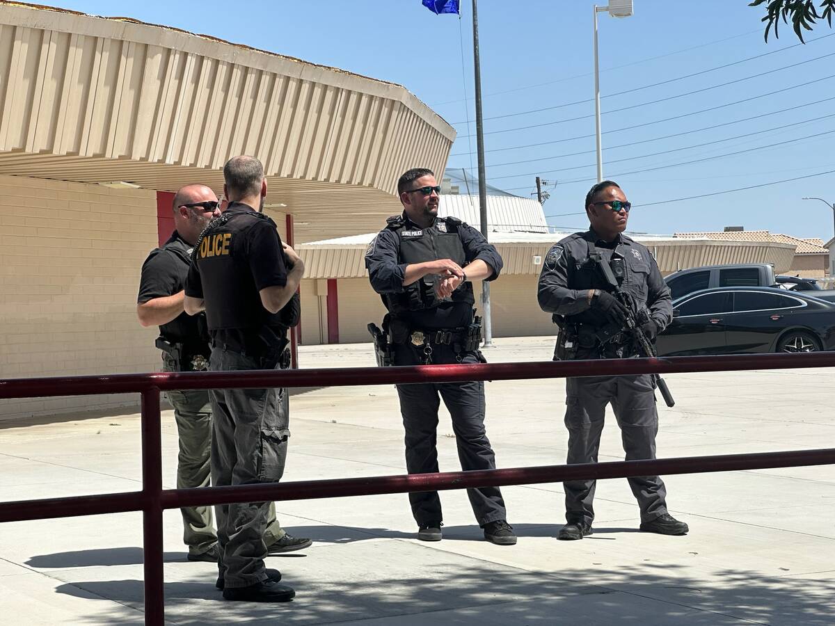 Police respond to a shooting outside of Ed Von Tobel Middle School Monday, May 8, 2023, in Las ...