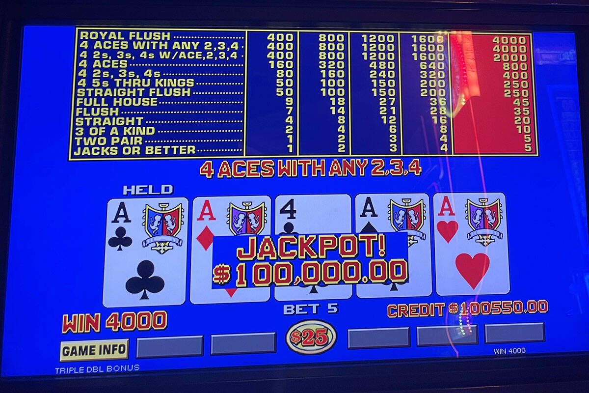 A video poker player won $100,000 on a Double Double Bonus Poker game Thursday, May 11, 2023, a ...
