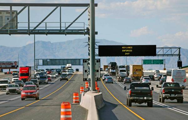 HOV lanes are seen on Interstate 15 near the East Flamingo Road exit in 2019 in Las Vegas. (Ben ...
