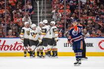 Vegas Golden Knights celebrate after a goal against the Edmonton Oilers during second-period NH ...