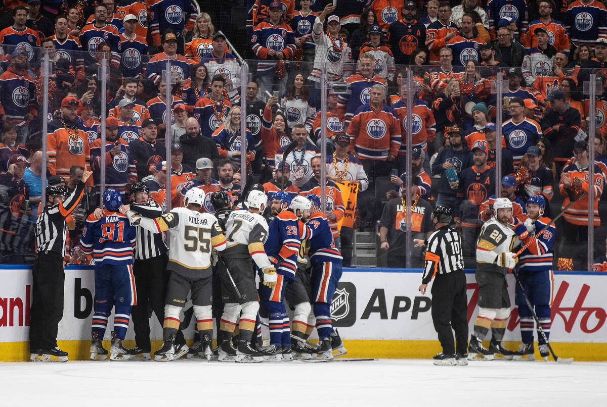 Vegas Golden Knights and Edmonton Oilers rough it up during first-period NHL hockey Stanley Cup ...