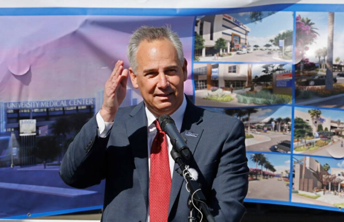 UMC CEO Mason Van Houweling speaks during a ceremony in April 2023 at UMC in Las Vegas. (Chitos ...