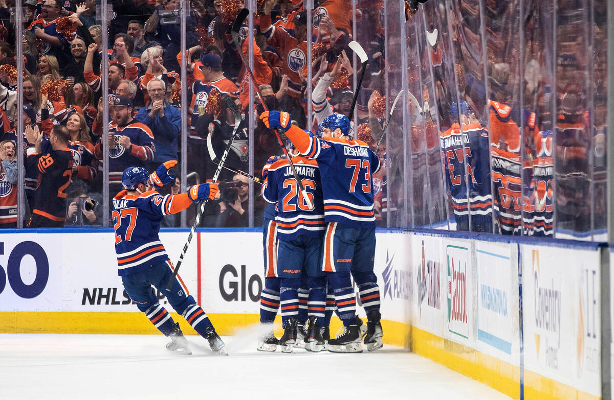 Edmonton Oilers celebrate a goal against the Vegas Golden Knights during the first period of Ga ...