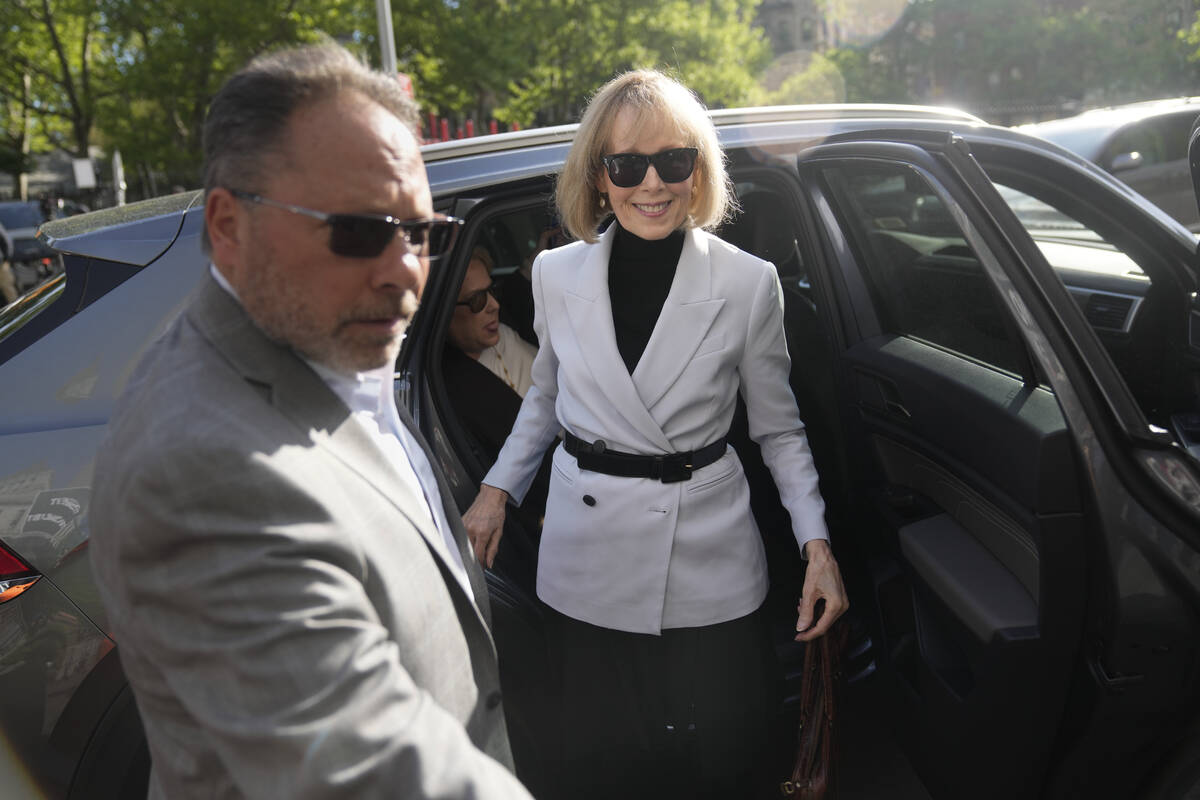 E. Jean Carroll arrives to federal court in New York, Monday, May 8, 2023. The longtime advice ...