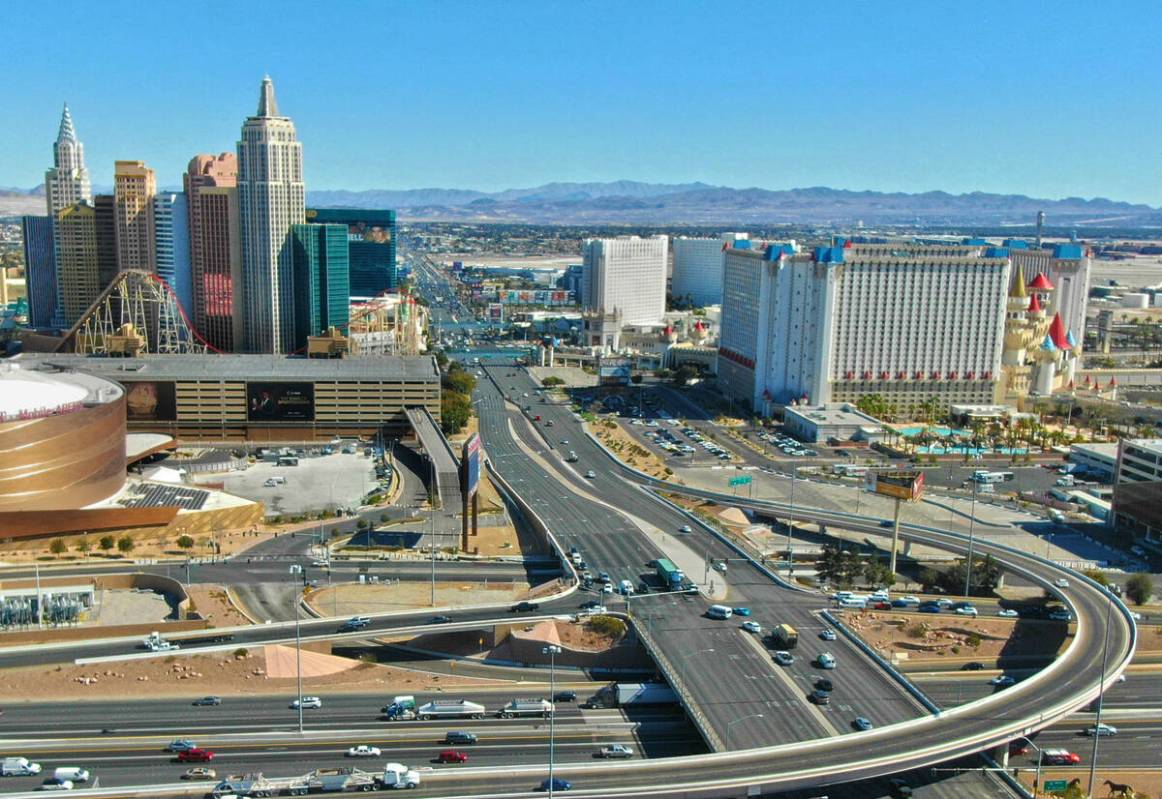 An aerial view of Tropicana Avenue and Interstate 15 in Las Vegas, Nevada Tuesday, February 18, ...