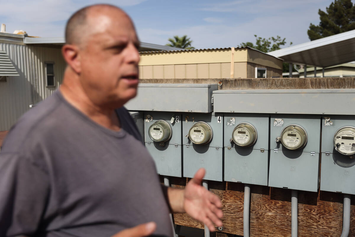 Anthony Smith speaks to the Review-Journal in front of electric meters for the mobile home comp ...
