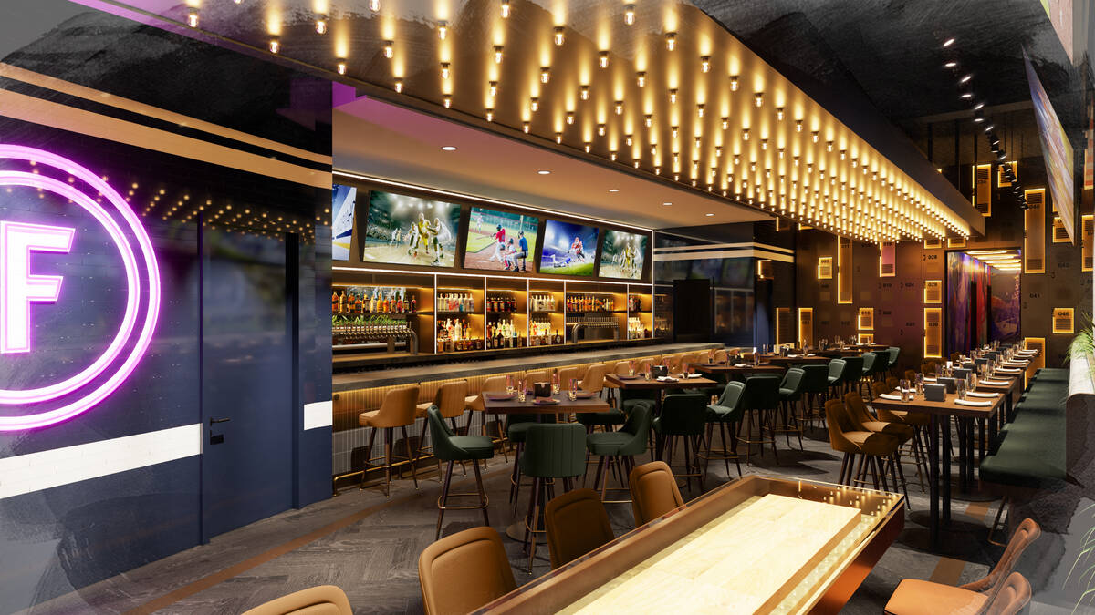 A rendering of the main bar at Flanker Kitchen & Sports Bar opening June 10, 2023, in Mandalay ...