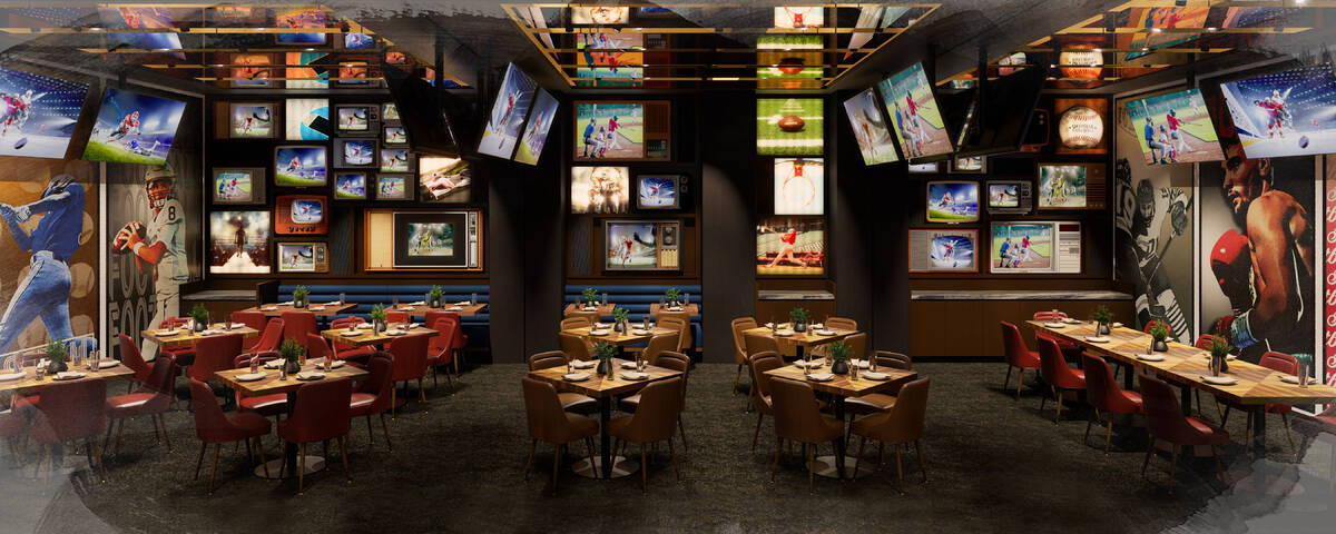 A rendering of a private dining room at Flanker Kitchen & Sports Bar opening June 10, 2023, in ...