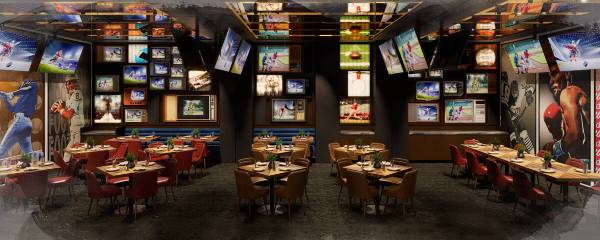 A rendering of a private dining room at Flanker Kitchen & Sports Bar opening June 10, 2023, in ...