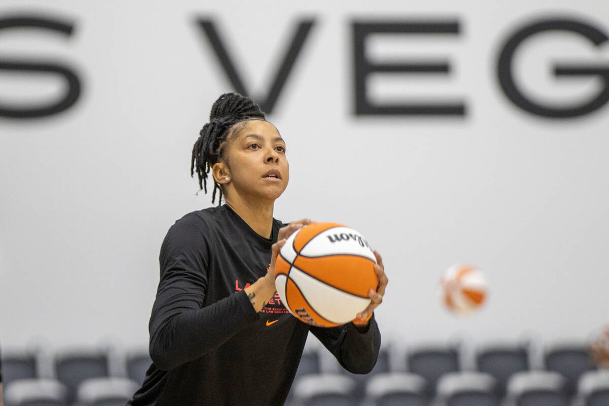 Las Vegas Aces center Candace Parker shoots the basketball during a team practice at their faci ...