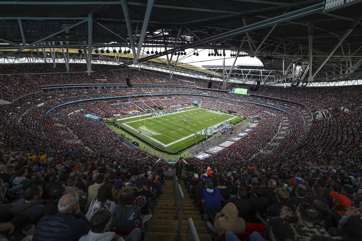 An overall interior general view of Wembley Stadium during the first quarter of an NFL football ...
