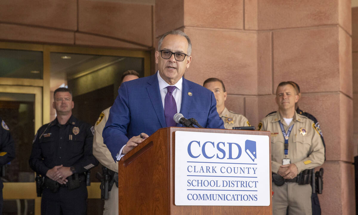 Clark County School District Superintendent Dr. Jesus Jara speaks from the podium during a news ...
