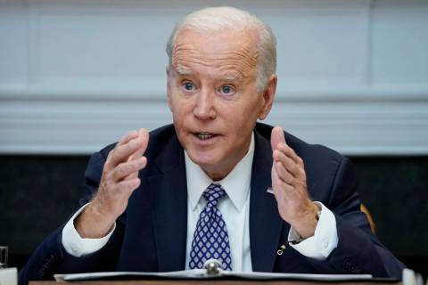 FILE - President Joe Biden speaks during a meeting with his "Investing in America Cabinet, ...