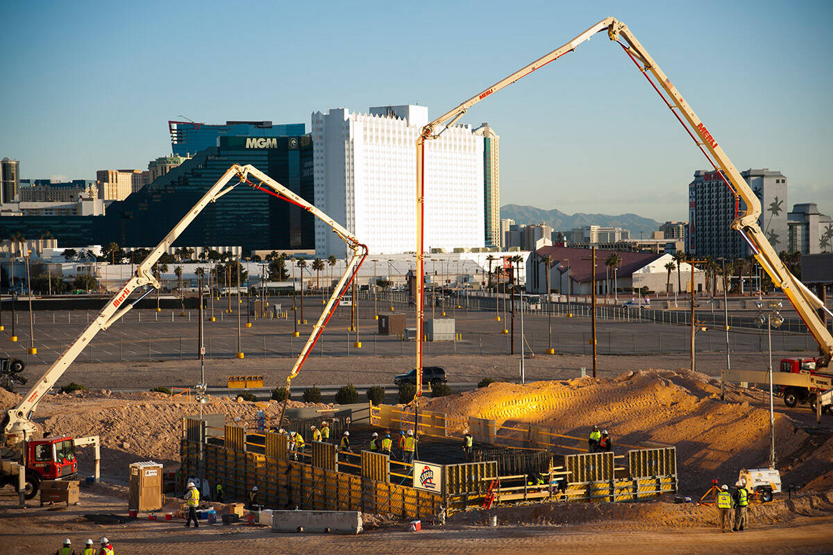 Construction begins as the foundation is poured for the SkyVue observation wheel on the Las Veg ...