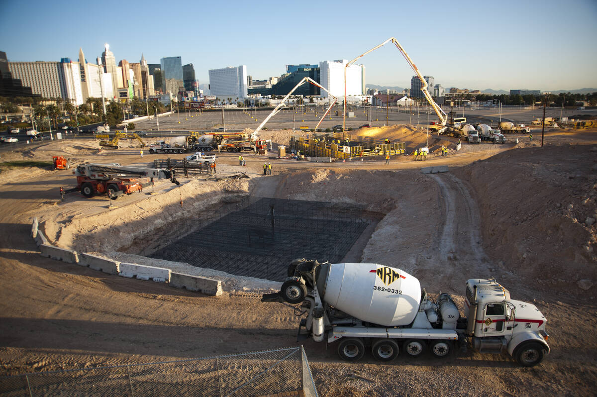 Construction begins as the foundation is poured for the SkyVue observation wheel on the Las Veg ...