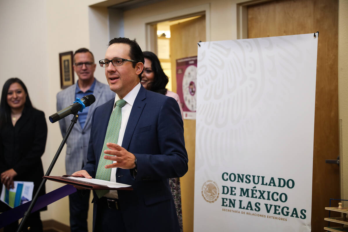 Julián Escutia, Las Vegas consul for Mexico, addresses the crowd at an event to celebrate ...
