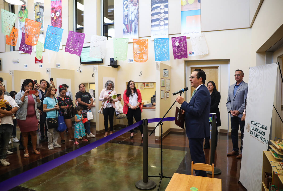 Julián Escutia, Las Vegas consul for Mexico, addresses the crowd at an event to celebrate ...