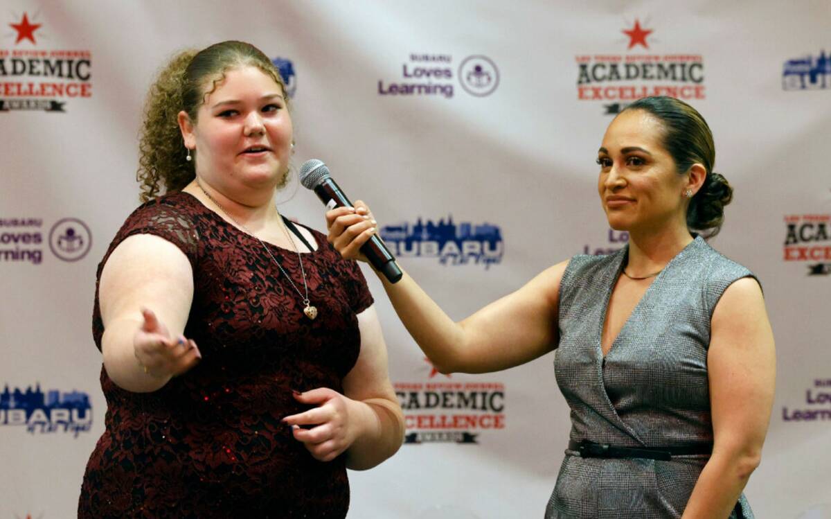 Chyann Blankenship, ninth grader of Desert Pines High School, speaks to Carrie Roper, Las Vegas ...