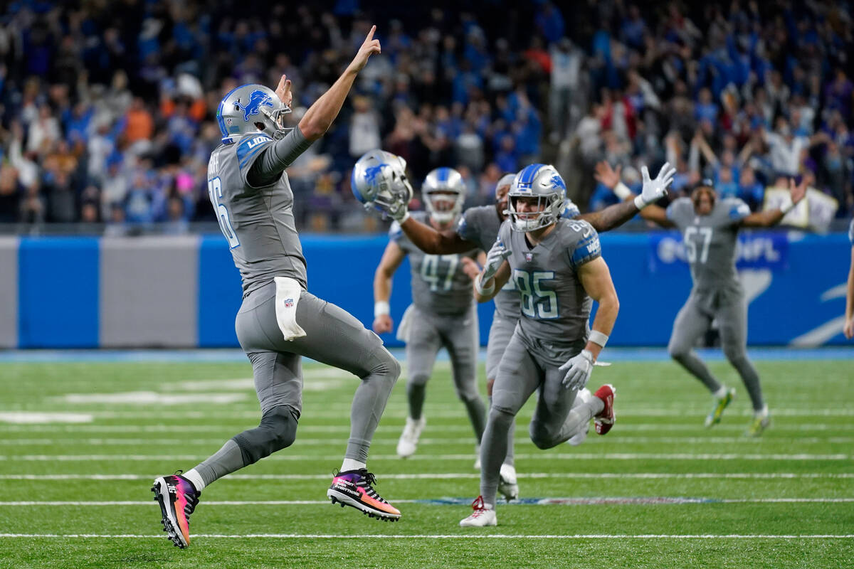 Detroit Lions quarterback Jared Goff reacts to throwing the game winning touchdown pass against ...