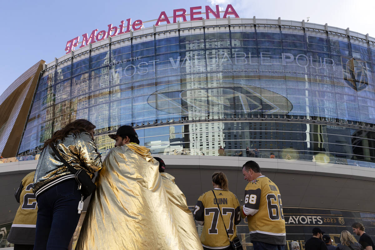 Golden Knights fans wear golden clothing before Game 5 of an NHL hockey Stanley Cup second-roun ...