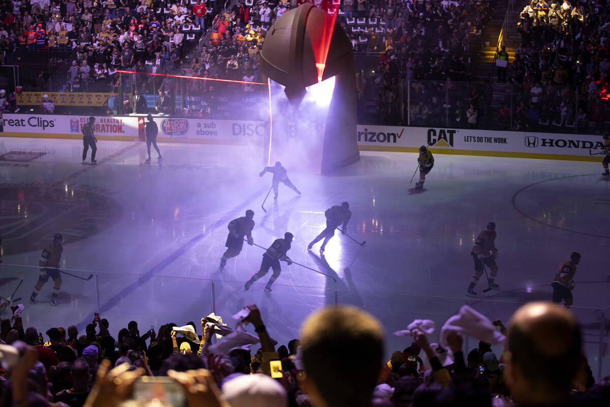 The Golden Knights take the ice during the first period in Game 5 of an NHL hockey Stanley Cup ...
