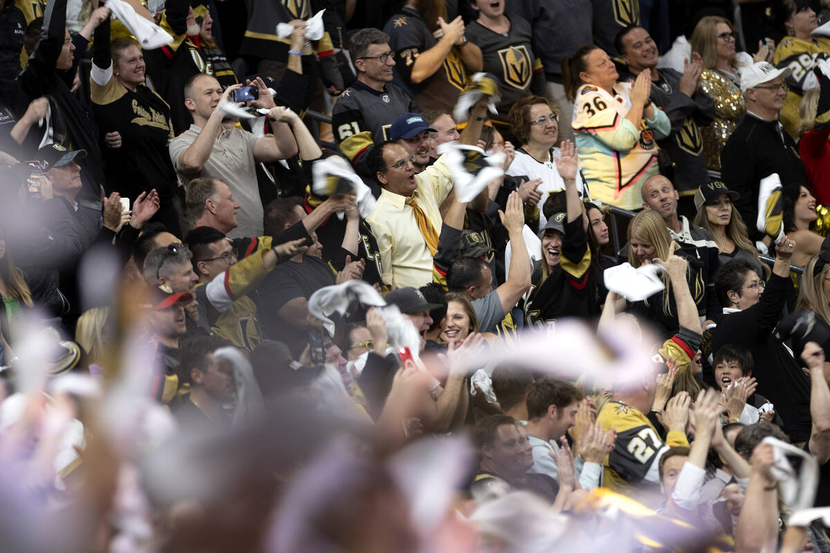 Golden Knights fans celebrate after their team scored during the second period in Game 5 of an ...