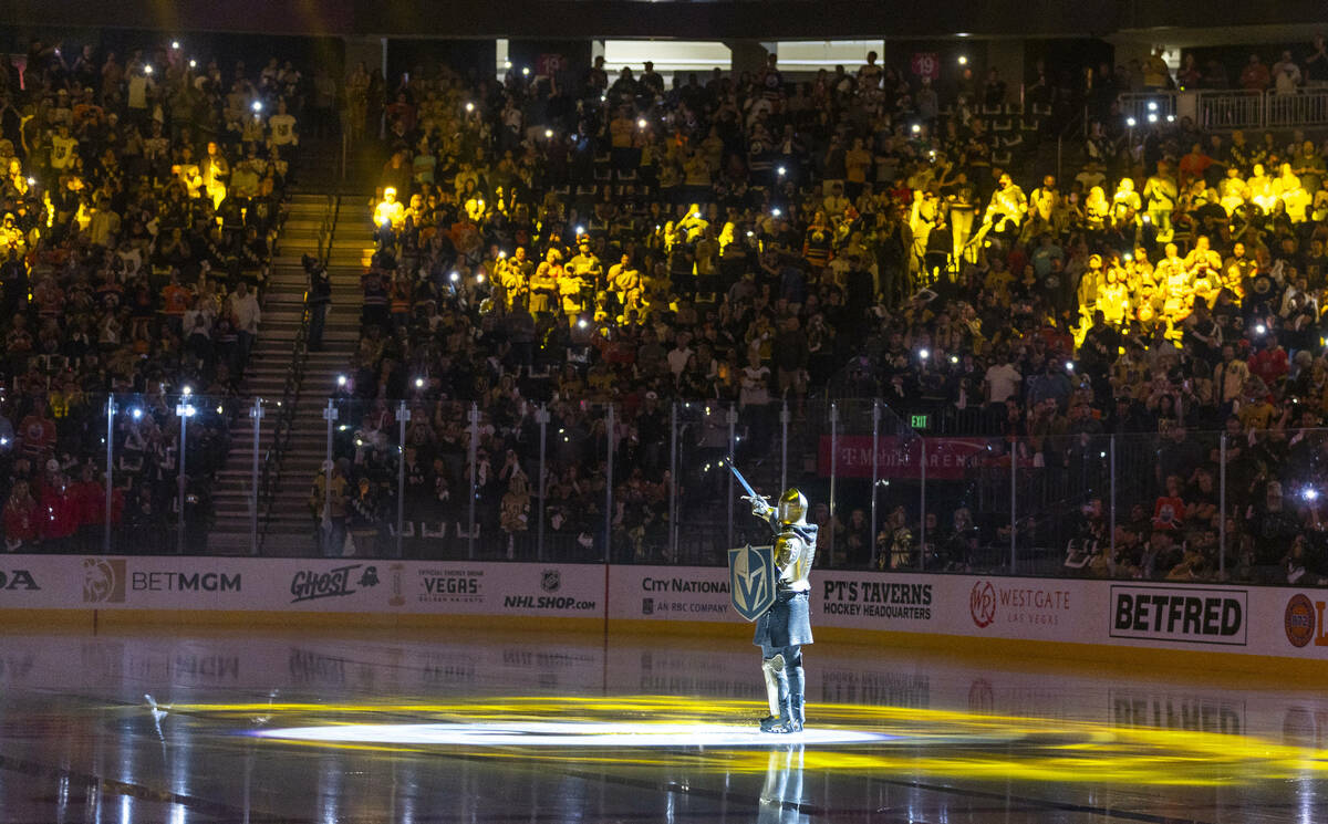 The Golden Knight welcomes the fans against the Edmonton Oilers before the first period in Game ...