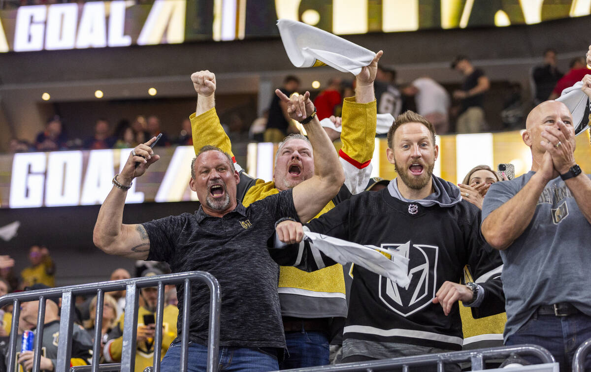 Golden Knights fans get seriously pumped after a fourth goal against the Edmonton Oilers during ...